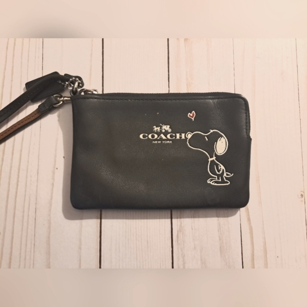 Coach Black Wristlet with Snoopy and Heart Design